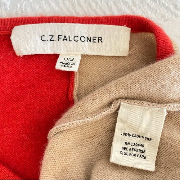 C.Z. Falconer red beige color block cashmere poncho - Picture 6 of 9